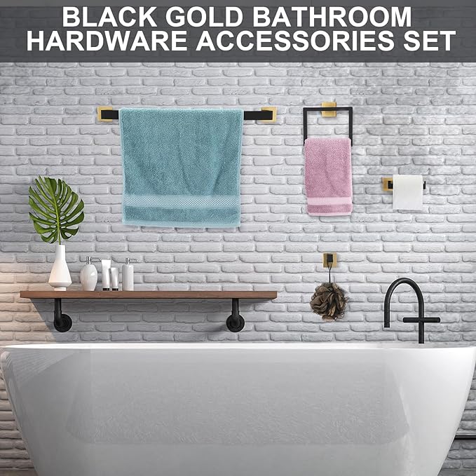 Gisafai 10 Pcs Black Gold Bathroom Hardware Accessories Set 23.6 Inch Bath Towel Bar Kit Stainless Steel Bathroom Hardware Set Towel Racks Ring Robe Hooks Paper Holder for Wall Mounted
