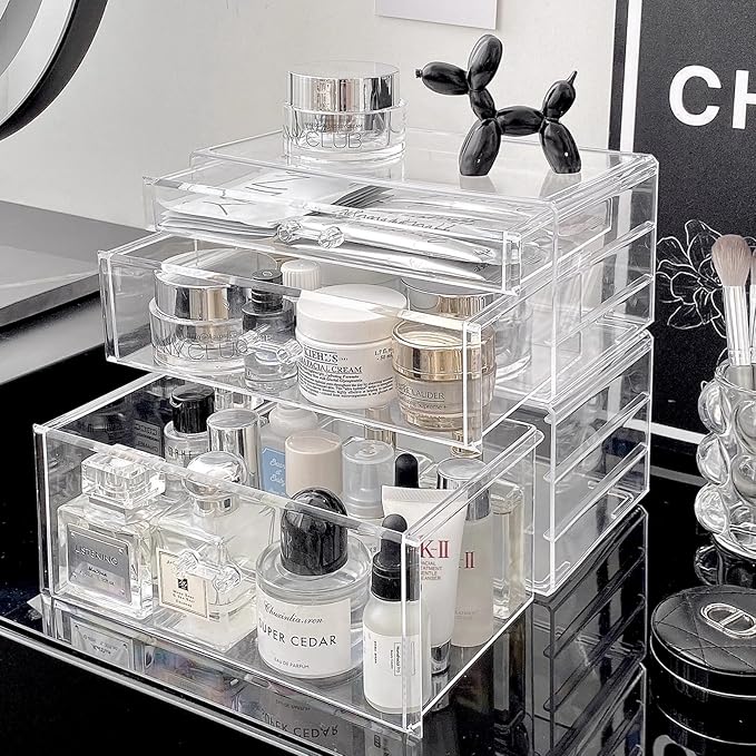 Clear Stackable Makeup Storage Organizer Drawer, Acrylic Plastic Organizers Bins, Vanity Countertop Containers, Cosmetic Holder Display Case for Vanity, Bathroom,Cabinet,Desk Organization