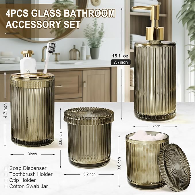 KASUNTING Brown Glass Bathroom Accessories 4 Pcs, Brown Bathroom Set, Soap Dispenser and Toothbrush Holder Set, Qtip Holder Set, Vintage Bathroom Sink Set, Modern Bathroom Decor