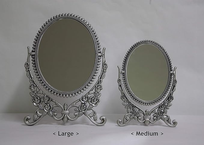 SEHAMANO Vintage Antique Embossed Roses Pattern Makeup Table Mirror, Decorative Oval Shaped Stand Mirror, Vanity Cosmetic Double Sided Rotatable Ellipse Metal Frame Mirror (Tin (Matt Grey), Large)
