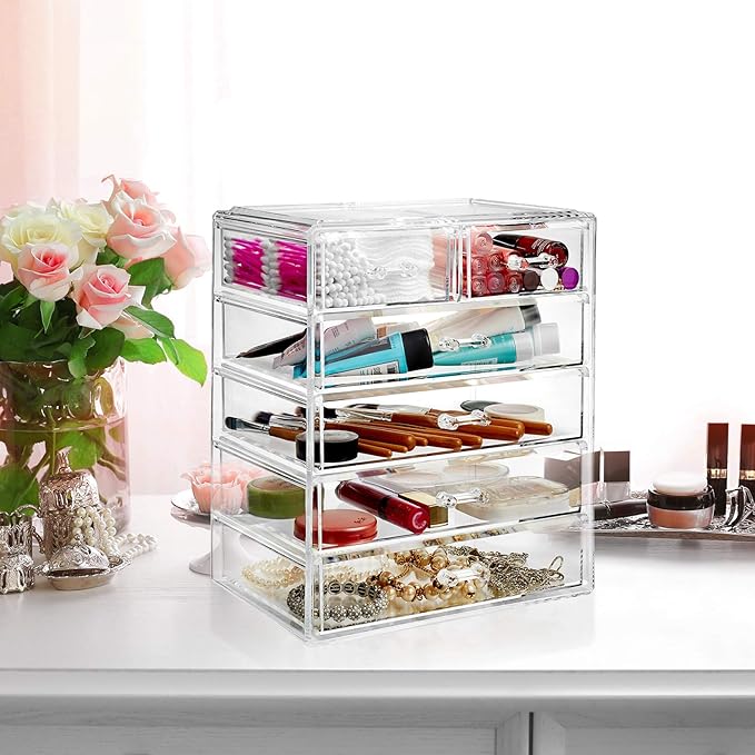 Casafield Acrylic Cosmetic Makeup Organizer & Jewelry Storage Display Case - 4 Large, 2 Small Drawer Set - Clear