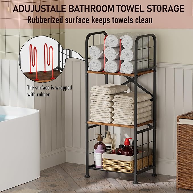 GIOTORENT Bathroom Towel Storage, 3-Tier Free Standing Towel Rack with M-Shaped Dividers, Wooden Towel Organizer for Bathroom, Towels Stand for Home and Pool, Black and Rustic