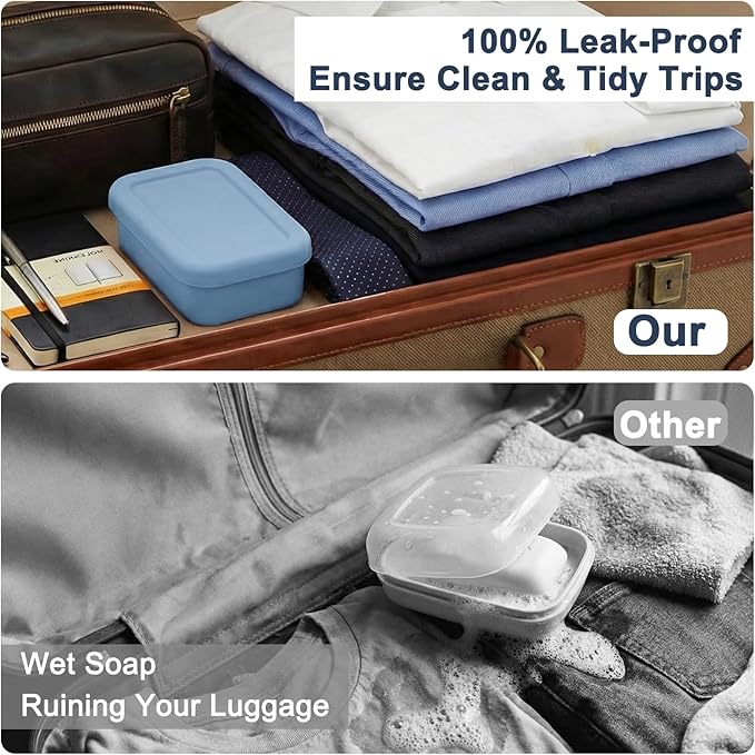HighHerz Leak Proof Silicone Travel Soap Case with Draining Tray - Bar Soap Holder for Travel, Gym & Camping - Mess-Free Portable Soap Container for Carry-on Bags (Dark Blue)