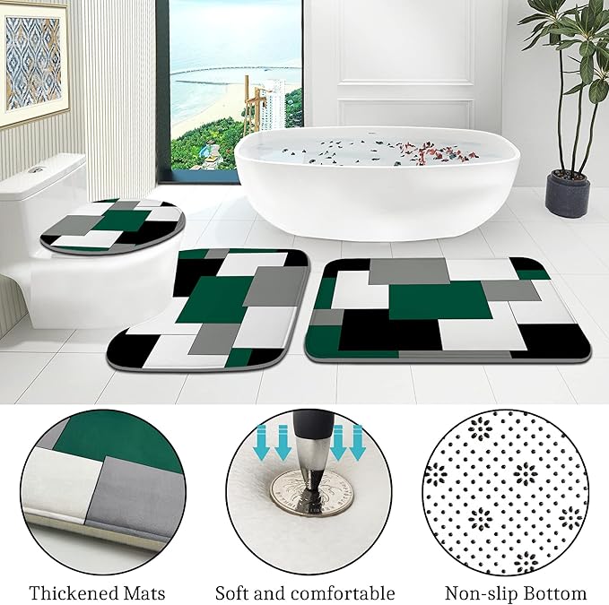 Green Bathroom Set with Shower Curtain and Rugs, 4 Piece Geometric Bathroom Set with Rugs, Incl Shower Curtain with 12 Hooks, Bath Mat, U-Shaped Floor Mat, Toilet Lid Oval Rug