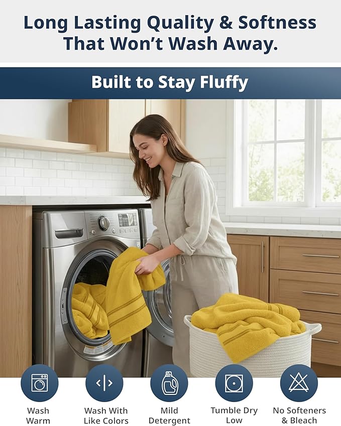 LANE LINEN 18 Pc Luxury Bath Towels Set – Ultra Soft 100% Mercerized Cotton, 6 Bath, 6 Hand Towel & 6 Wash Cloth, Zero Twist, Quick-Dry, Long-Lasting Comfort & Hotel Quality, Machine Washable – Mimosa