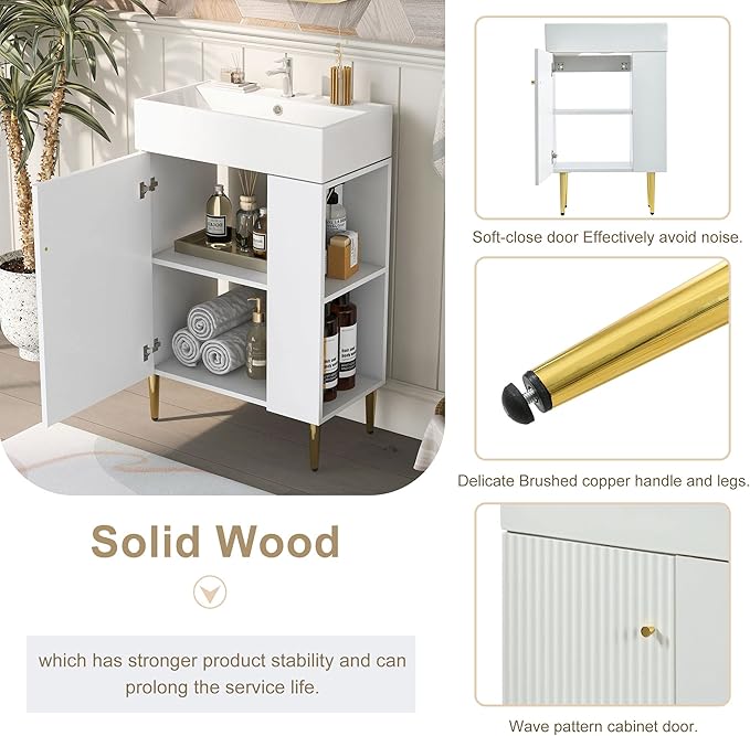 Virubi 21.6 in Small Bathroom Vanity with Sink,Doors and Storage Shelves,Wood Modern Single Fluted Bathroom Sink Cabinet Freestanding (White,Right Shelf)