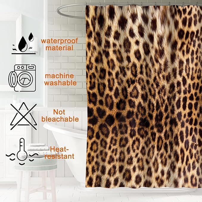 4 PCS Leopard Shower Curtain Cheetah Print Shower Curtain Sets Non Slip Bathroom Rugs Soft Plush Bath Mat Toilet Lid Cover Animal Print Shower Curtain with 12 Hooks for Bathroom Tub, Brown