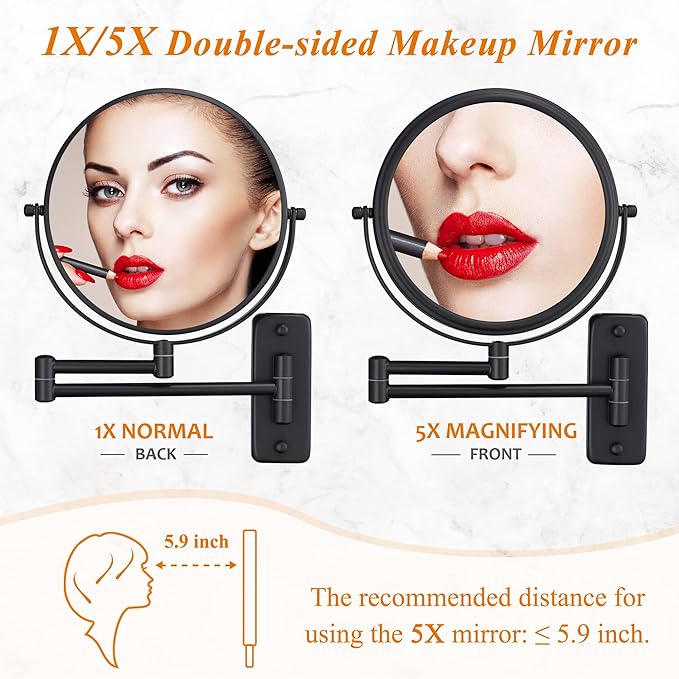 DECLUTTR Wall Mounted Makeup Mirror, 1X/5X Magnifying Mirror Double Sided, 8 Inch Swivel Make Up Mirror for Bathroom, Black