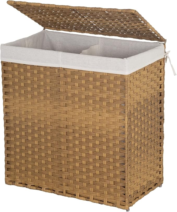 Paylesshere Laundry Basket Handwoven Laundry Hamper 90L/110L Foldable Rattan Laundry Hamper With Lid,2 Removable Liner Bags & 6 Bags,Clothes Bathroom Basket,Natural