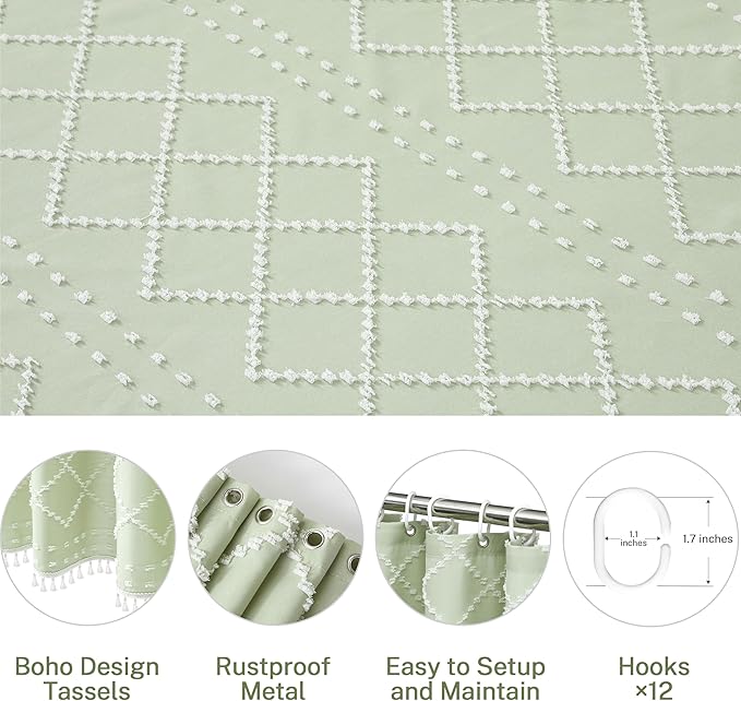 Boho Green Shower Curtain Woven Fabric Cute Shower Curtain with Tassel, 72 x 72 Tufted Chevron Textured Striped Modern Farmhouse Minimalist Cloth Shower Curtain for Bathroom