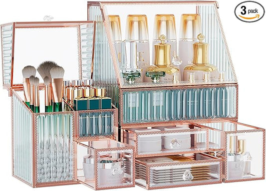 Glass Makeup Organizer - Multi-Functional 3-in-1 Cosmetic Organizer for Skincare, Lipstick, Brushes - Vanity Organizer & Bathroom Organizer