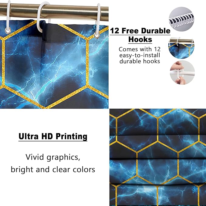 Poedist Shower Curtain Set with Rugs,Bathroom Accessory Set, Including Non-Slip Rugs,Toilet Lid Cover and Bath Mat, Waterproof Shower Curtain with 12 Hooks,Lightning Honeycomb Marble
