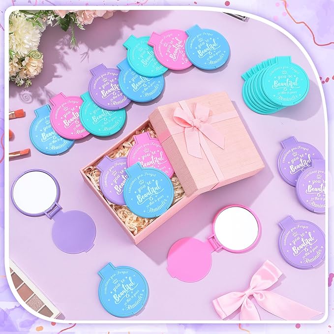 36 Pcs 2.76 Inch Inspirational Compact Mirror Bulk Women Small Gifts Graduation Party Favors Purse Mirror Pocket Mini Stuffer Items for Adult Coworker Cheerleader Employee (Mixed Color)