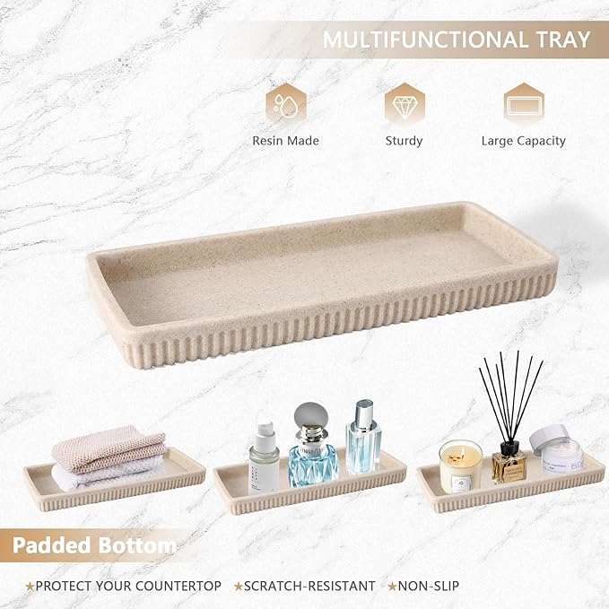 XLHOMO Resin Beige Bathroom Accessories Set 5 Pcs, Lotion Soap Dispenser, Toothbrush Holder, Bathroom Tumbler, Qtip Holder and Vanity Tray, Bathroom Countertop Organizer Set for Modern Home Apartment