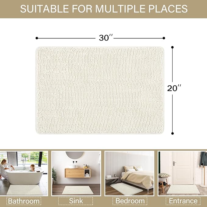 LOCHAS Luxury Bathroom Rug Shaggy Bath Mat 20 x 30 Inch, Washable Non Slip Bath Rugs for Bathroom Shower, Soft Plush Chenille Absorbent Carpets Mats, Cream White