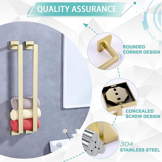 LANC 2-Pack Brushed Gold Bathroom Towel Bars 20-Inch Bath Square Towel Racks Kitchen Hand Towel Holders Total-22 Stainless Steel Wall Mount Shower Towel Hanger Rods,A8804-5BG