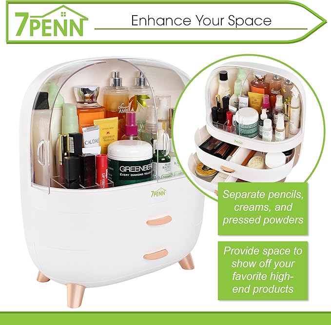 7Penn Large Makeup Organizer Storage Box - Portable Makeup and Skincare Organizer with Drawers, Large Capacity Makeup Organizer Case with Cosmetic Storage Drawers and Cover