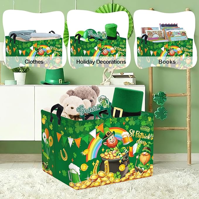 Clastyle Saint Patrick's Day Storage Basket Four Leaf Clover Clothes Book Toy Shelf Basket Kid Room Decor Gift Storage Bin Organizer,Leprechaun,40x30x30 cm