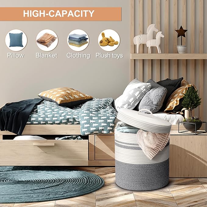 Laundry Hamper with Lid, Woven Laundry Basket，Blanket and Toy Storage Basket for Living Room, Bedroom, Bathroom, Nursery（Grey and White，40L）