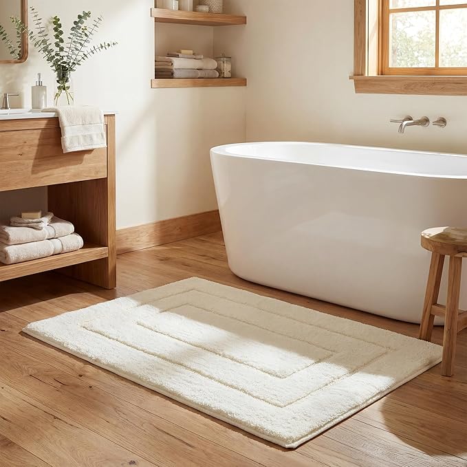 GRANNY SAYS Bathroom Rugs and Mats, 16" x 24" Non-Slip Bath Mat for Bathroom, Super Soft Absorbent Microfiber Bath Rug, Machine Washable and Dry, Small Cream White Rug for Shower, Tub and Bath Floor