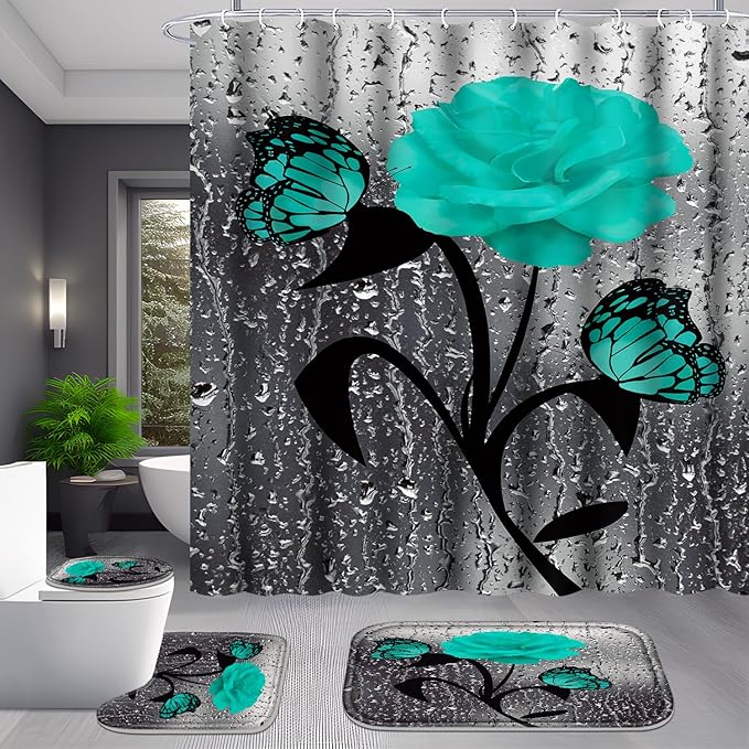 Poedist 4 Pcs Bathroom Set,Green Rose Shower Curtain Sets, Romantic Shower Curtain Sets with Rugs(Bath Mat,U Shape and Toilet Lid Cover Mat) and 12 Hooks