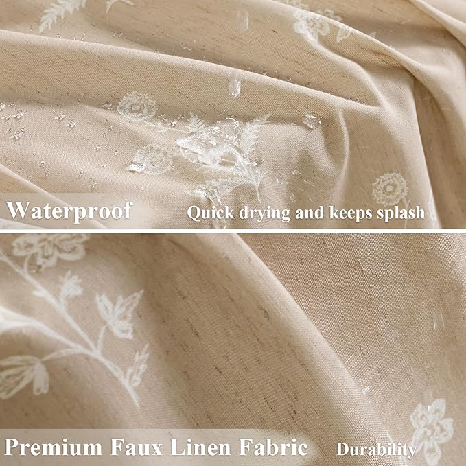 ORTIGIA Cottage Core Neutral Shower Curtain Linen Farmhouse Vintage Floral Block Print Shower Curtains Set Boho Rustic Decor for Bathroom 72 W x 72 L