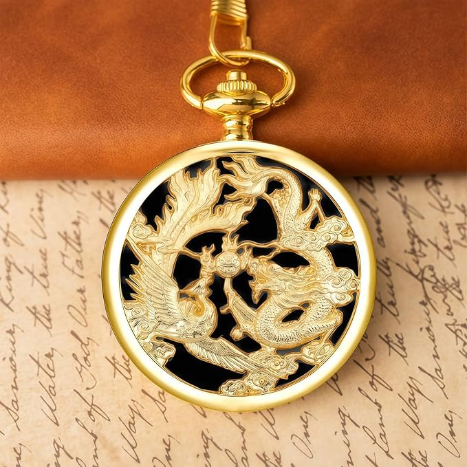 ManChDa Scrying Mirror Black Obsidian Mirror Lucky Dragon & Phoenix Pocket Watch Shell Witchcraft Kit Wiccan Supplies and Tools Witchy Gifts, Gold