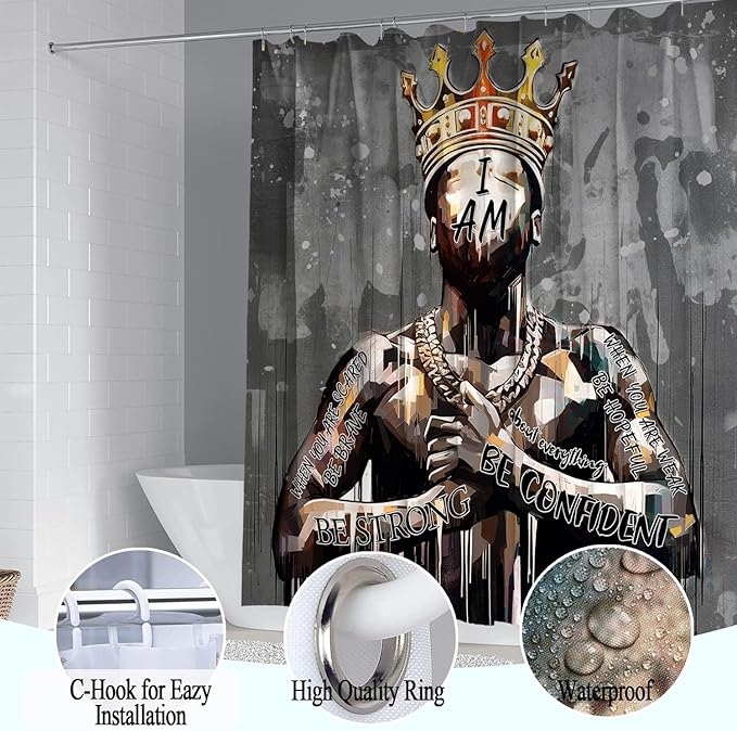 Black King Shower Curtain Set with Hooks, Powerful African American Praying Man Shower Curtains with Rugs Toilet Lid Cover Bath Mat, Cool Black Man Waterproof Bathroom Decor Shower Curtain Sets