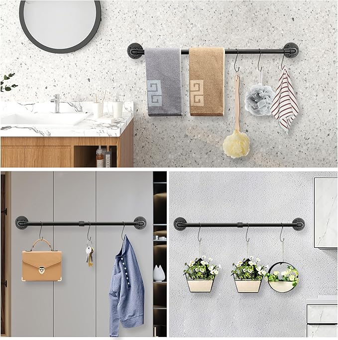 NearMoon Industrial Pipe Towel Bar, Heavy Duty Bathroom Hardware Towel Holder Accessory, Wall Mounted DIY Rustic Iron Bathroom Towel Rack Holder (32 Inch, Black)