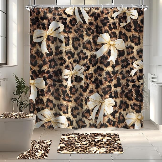 LIGHTINHOME 4 PCS Beige Bow Leopard Print Shower Curtain Set 72Wx72H,Toilet Lid Cover,Non-Slip Rugs and U-Shaped Mat,Vintage Chic Bathroom Sets with Rugs Shower Accessories 12 Hooks for Bathroom Decor