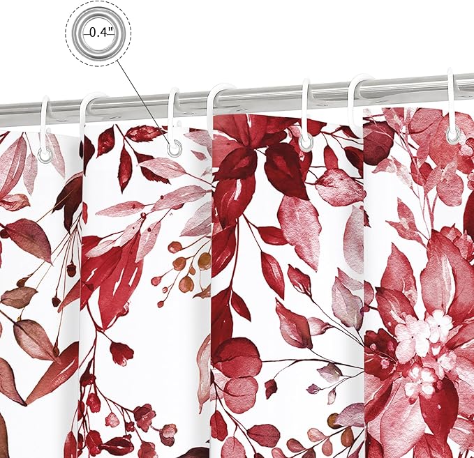 Gibelle Burgundy Red Eucalyptus Shower Curtain, Watercolor Plant Leaves with Floral Bathroom Shower Curtain Set, 72x72