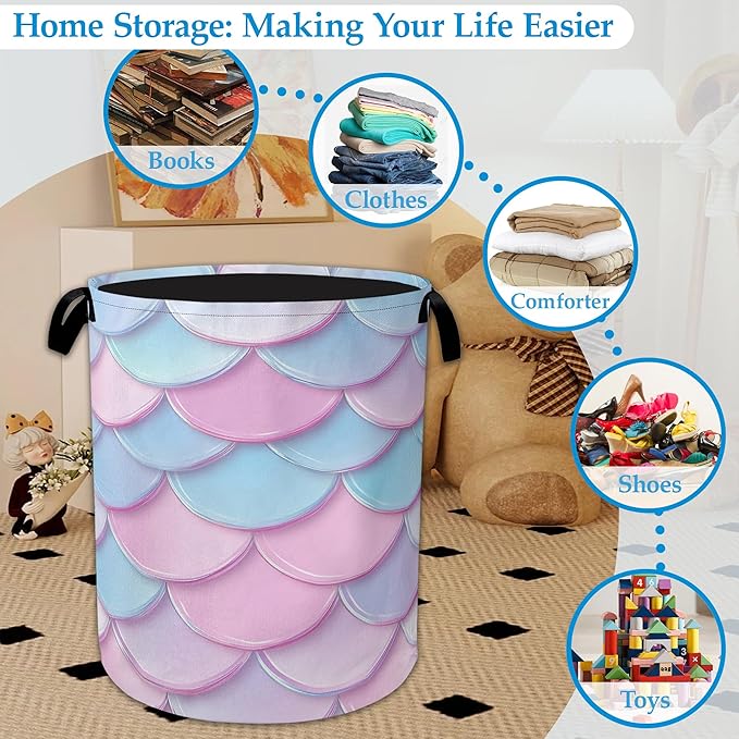 Mermaid Scale Laundry Basket Collapsible Laundry Hamper Oxford Storage Bin for Clothes Storage, Toy Organizer, Books and Sundries 16" X 20.8"