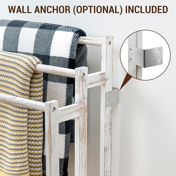 MyGift 35" Freestanding Towel Rack, 3 Bar Wood Blanket Holder with Bottom Storage Shelf, Free Standing Towel Drying Rack and Display for Bathroom Living Room, Whitewashed