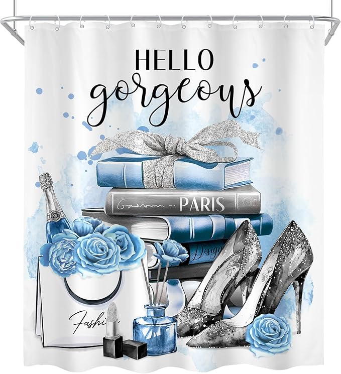 Cinbloo 4Pcs Girly Blue Shower Curtain Set, Silver Grey Fashion Women Bathroom Curtain with Rug, Toilet Lid Cover, Bath Mat, Flower Perfume Black White Striped High Heels Shower Curtain with 12 Hooks