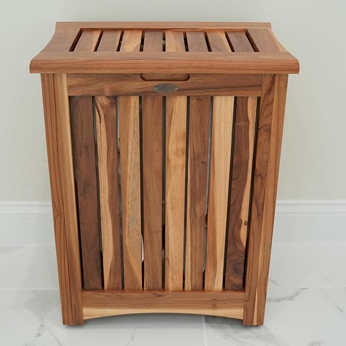 EcoDecors H-004 Teak Solid Hamper in Natural Teak, 18 inch W x 12 inch D x 16 inch H