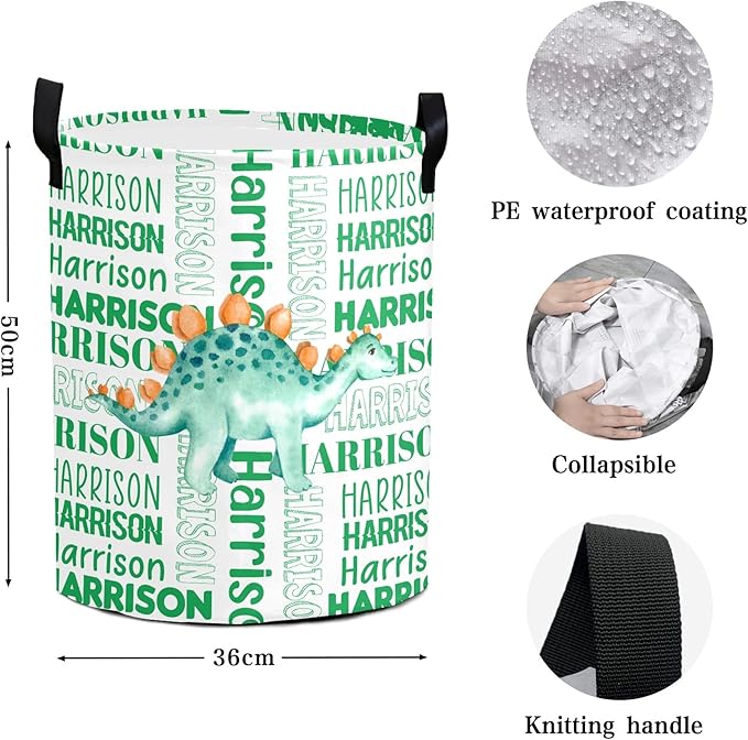 Large Custom Name Laundry Hamper, Dinosaur Personalized Dirty Clothes Hamper Storage Basket with Name for Bathroom Bedrooms, Customized Name Circular Hamper with Handles for Baby Boys Girls Men Women