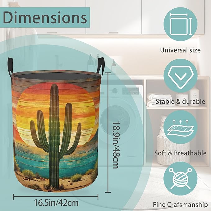 Tropical Cactus Laundry Basket With Handles Tote Bag Oxford Cloth Funny Laundry Hamper Clothes Storage Bucket Toy Organizer 16" X 20.8"For Bathroom/Laundry/Bedroom