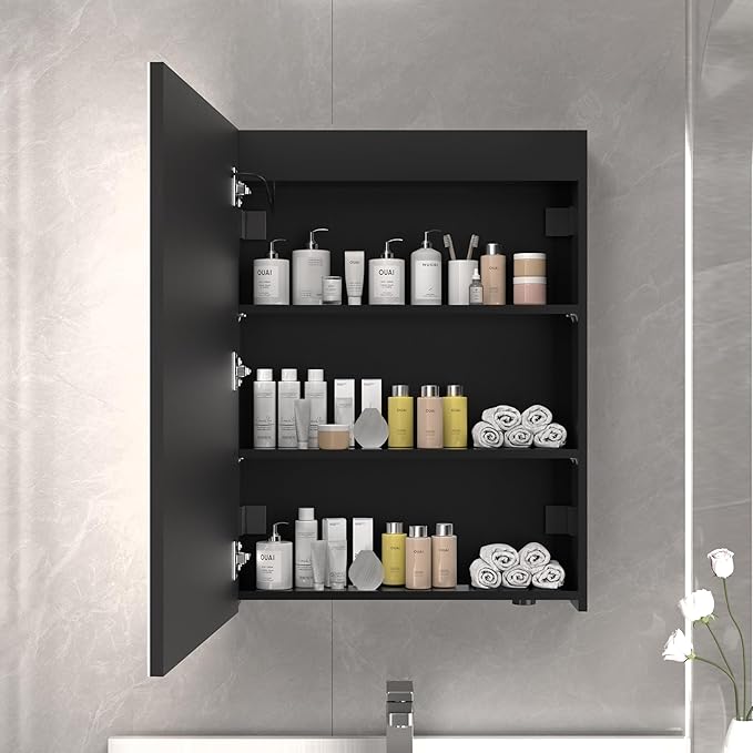 28x20inch LED Medicine Cabinet Lighted Bathroom Mirror, Defogger, Stepless Dimmable, 3000K/5500K Color Temperature Wall Mounted Makeup Mirror, Adjustable Shelf (Assembly Required), Black