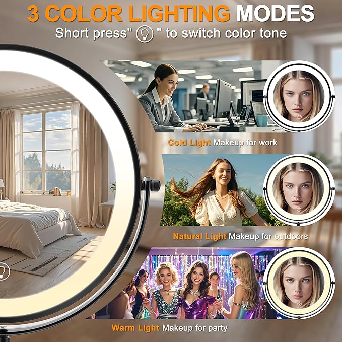 8.7" Large Lighted Makeup Mirror, 1X/10X Magnifying Mirror with 3 Color Dimmable Lights, Double Sided Vanity Mirror, Height Adjustable, 360° Swivel Cosmetic Mirror for Women Girl(Black)