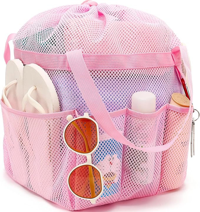 Fammart Mesh Shower Caddy Portable with Drawstring, Dorm Room Essentials for College Girls Guys, 8-Pocket Extra Large Shower Bag Basket Tote for Camping Beach Gym Travel Toiletry Bathroom