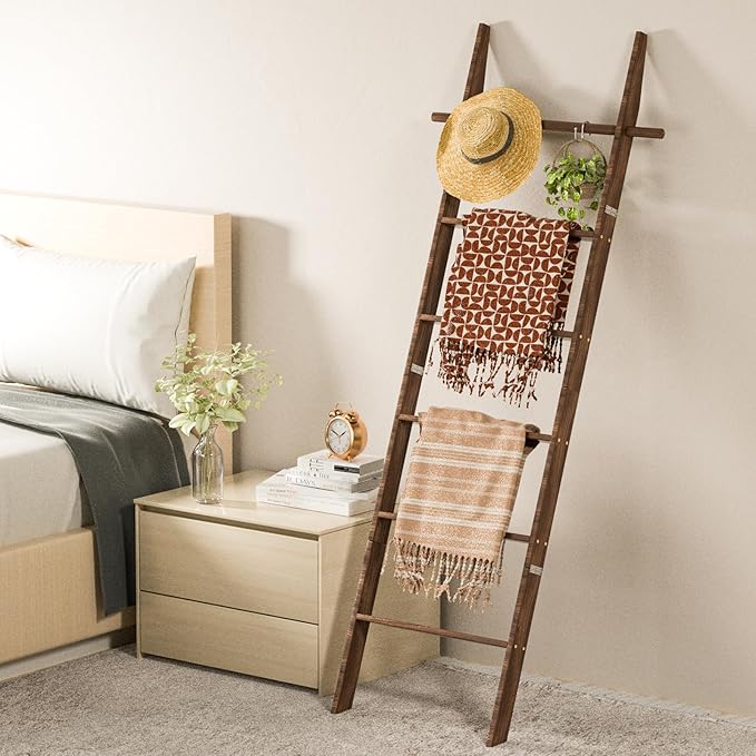Farmhouse Wooden Blanket Ladder with Removable Hooks, 6-Tier Rustic Blanket Rack Decorative Stand, Leaning Towel Quilt Rack Holder for Bathroom Living Room Decor Brown