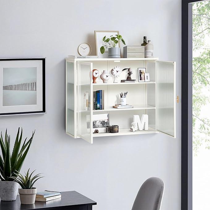 Medicine Cabinet, 27.56" Glass Doors Modern Two-Door Wall Cabinet with Three-Tier Storage for Entryway Living Room Bathroom Dining Room Bathroom Cabinet Kitchen (White3)