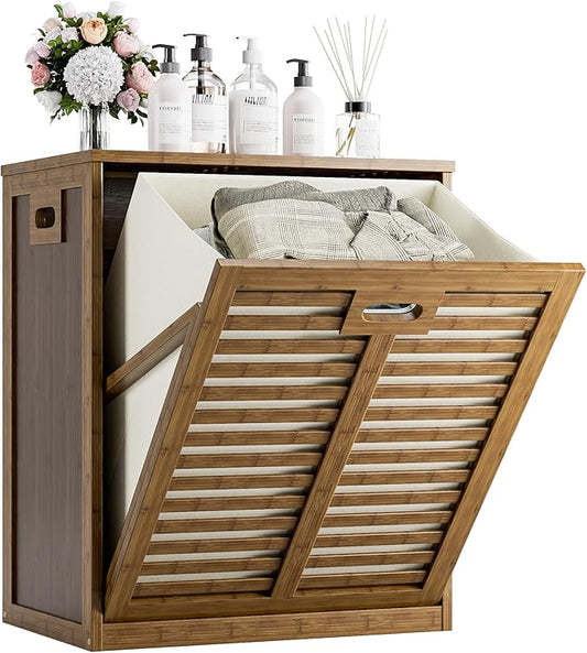 HITNET Bamboo Tilt Out Laundry Hamper, Bathroom Storage Cabinet with Hidden Removable Basket and 3 Sides Cutout Handles, Freestanding Hamper Organizer for Dirty Clothes, Walnut