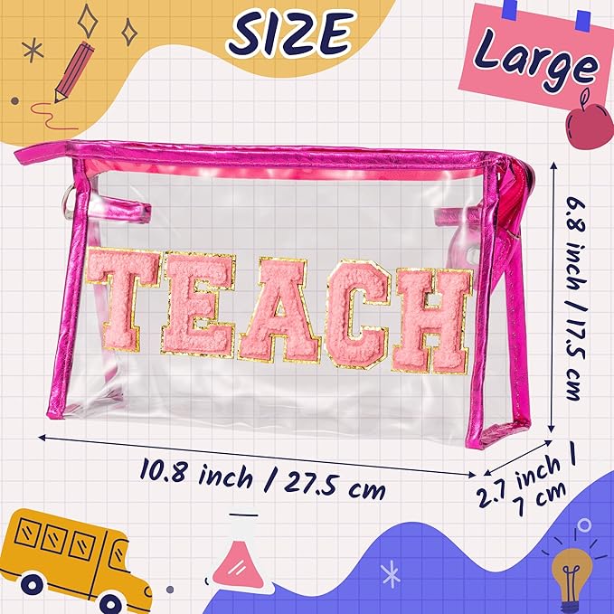 CY2SIDE TEACH Clear Makeup Bag - Pink TEACH Letter Patch Cosmetic Bag with Handle for Travel PVC Zipper Clear Toiletries Waterproof Portable Travel Organizer Teacher Appreciation Gifts, Rose