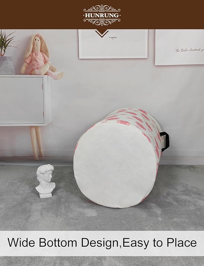 HUNRUNG Laundry Hamper,Large Canvas Fabric Lightweight Storage Basket Toy Organizer Dirty Clothes Collapsible Waterproof for College Dorms???Round-Pink Paw???