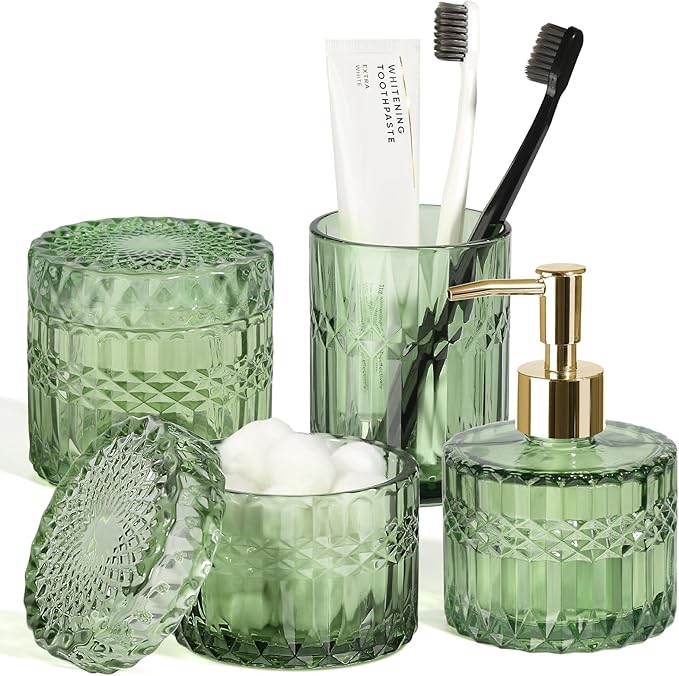 Green Bathroom Accessories Set, 4Pcs Green Bathroom Decor Accessory Sets Complete, Glass Soap Dispenser and Toothbrush Holder Set for Vintage Bathroom Countertop