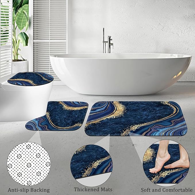 4PCS Navy Blue Gold Marble Bathroom Sets with Shower Curtain and Rugs, Abstract Shower Curtain Sets with Rugs for Bathroom Decor, Modern Bathroom Curtains Shower Set with Toilet Lid Cover