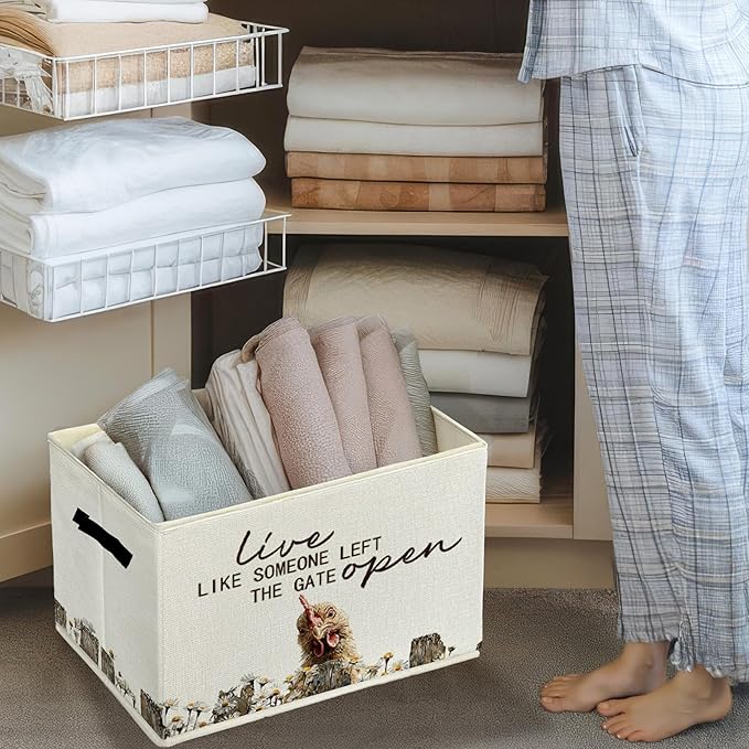 Rustic Chicken Storage Bins & Boxes with Handles, Farmhouse Chicken Foldable Basket for Organizing, Live Like Someone Left the Gate Open Collapsible Storage Basket for Bedroom Bathroom