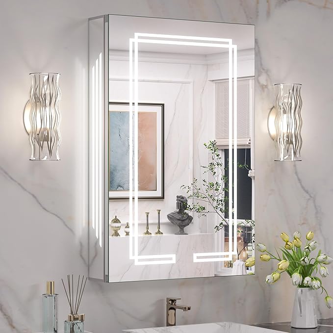 Keonjinn 20 x 32 Inch LED Medicine Cabinet Mirror, Bathroom Medicine Cabinet with Lights, Tempered Glass, UL-Listed, Adjustable Shelves, No Outlets, 3 Color Lights, Dimmable, Wall Mount Only