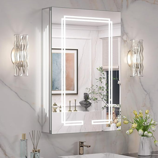 Keonjinn 20 x 32 Inch LED Medicine Cabinet Mirror, Bathroom Medicine Cabinet with Lights, Tempered Glass, UL-Listed, Adjustable Shelves, No Outlets, 3 Color Lights, Dimmable, Wall Mount Only